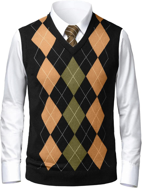 Men's Argyle V Neck Sweater Vest - Lightweight Sleeveless Knit with Slim Fit for Layering Over Dress Shirts - Medium