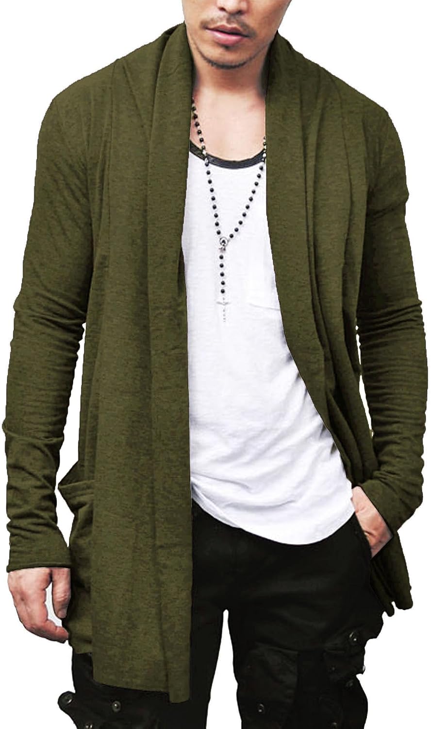 Men's Ruffle Shawl Collar Long Cardigan in Olive Green