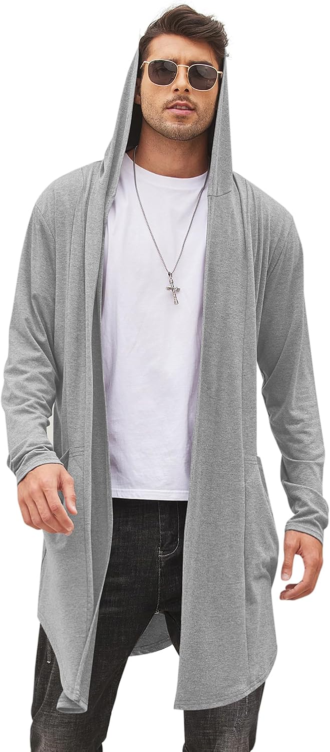 Men's Hooded Shawl Collar Long Cardigan - Open Front Drape Cape with Curved Hem and Two Pockets for Festivals - Small