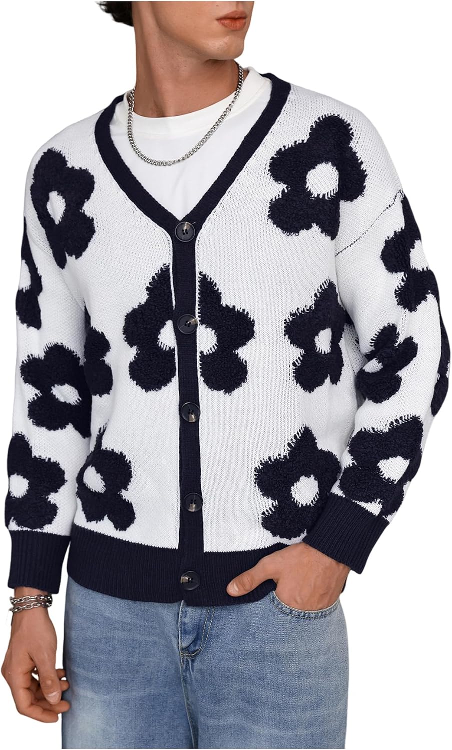 Skeleton Pattern Chunky Knit Cardigan in Floral Blue