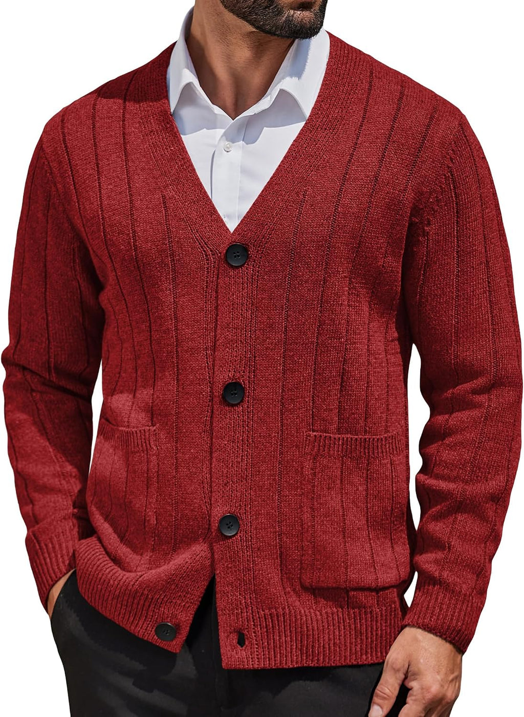 Men's Cable Knit V Neck Cardigan - Button Up Ribbed Sweater with Front Pockets for Everyday Winter Layering - Small