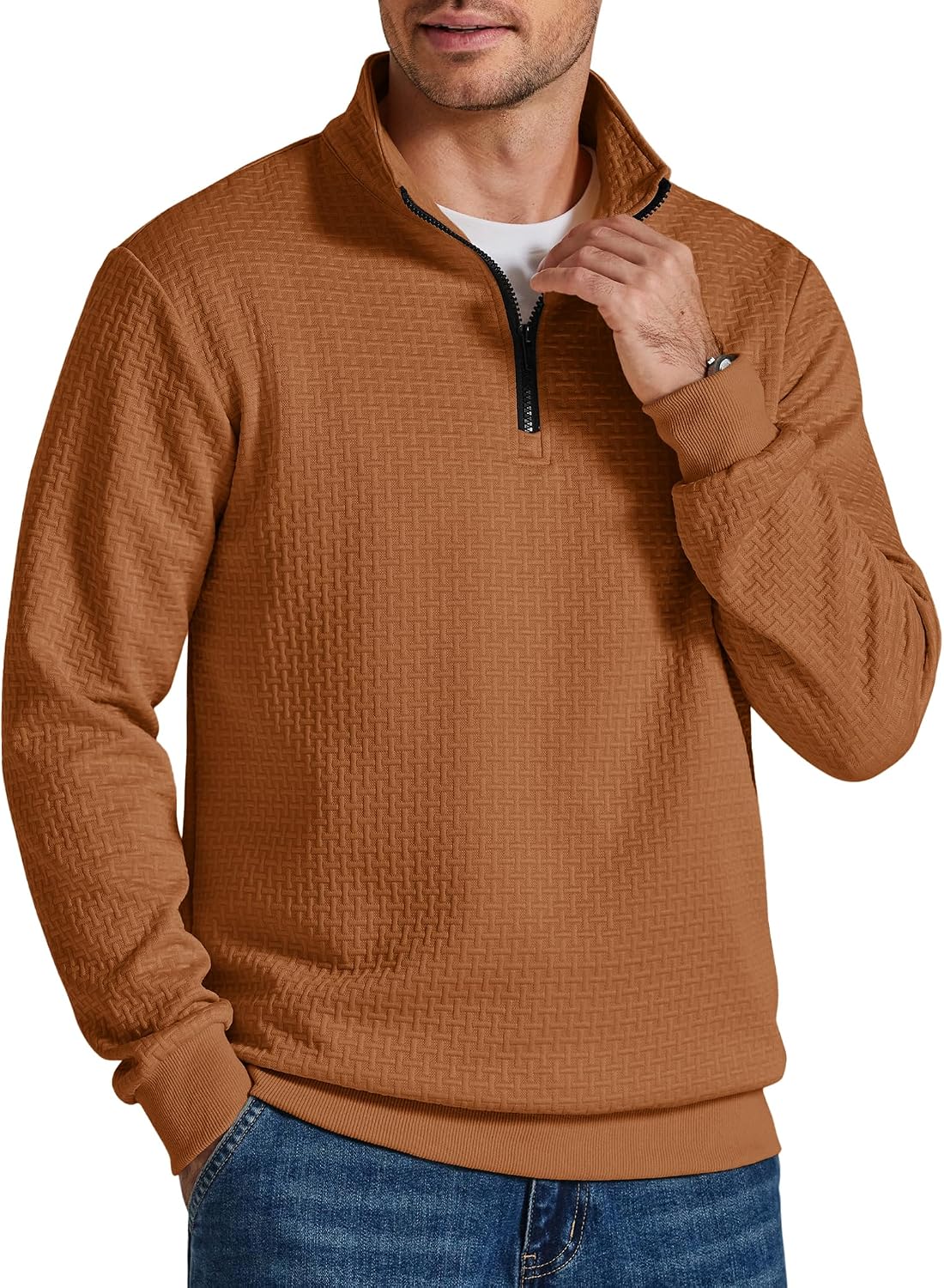 Men's Grid Textured Quarter Zip Sweatshirt - Mock Neck with Contrast Zipper and Relaxed Fit for Fall Days - Small