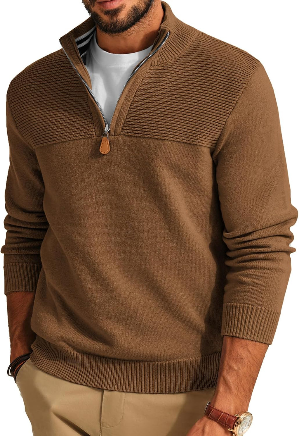 Men's Knit Textured Quarter Zip Pullover - Mock Neck Slim Fit Sweater with Soft Warm Feel for Casual Workdays - Small