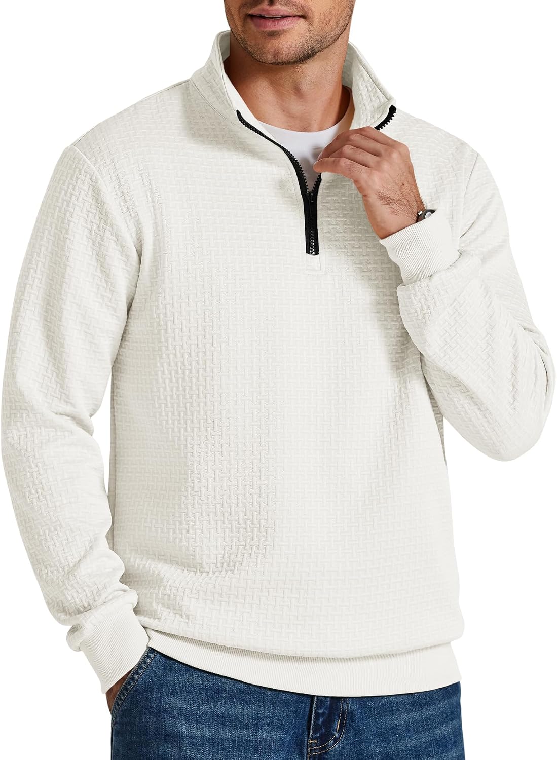 Men's Grid Textured Quarter Zip Sweatshirt - Mock Neck with Contrast Zipper and Relaxed Fit for Fall Days - Small