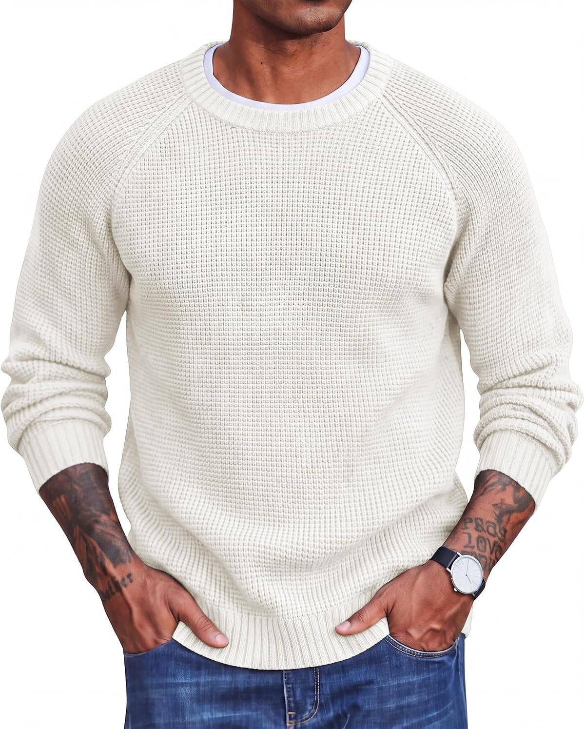 Men's Thick Waffle Knit Crewneck Sweater in White