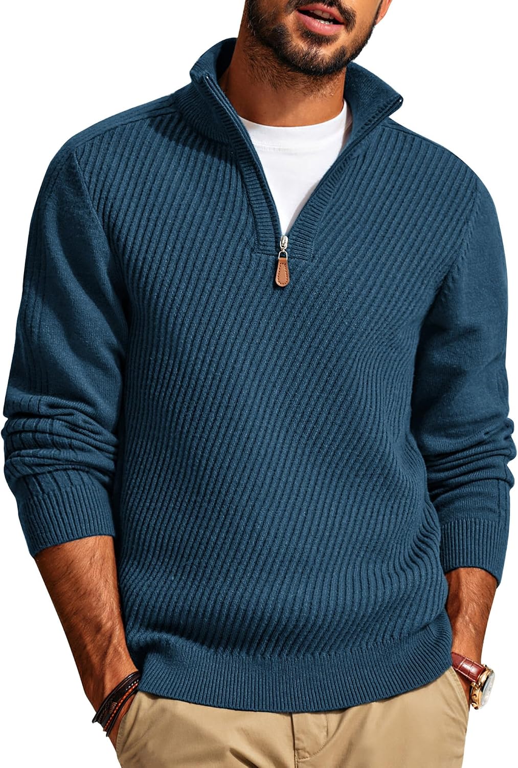Men's Textured Knit Half Zip Pullover in Gray Blue