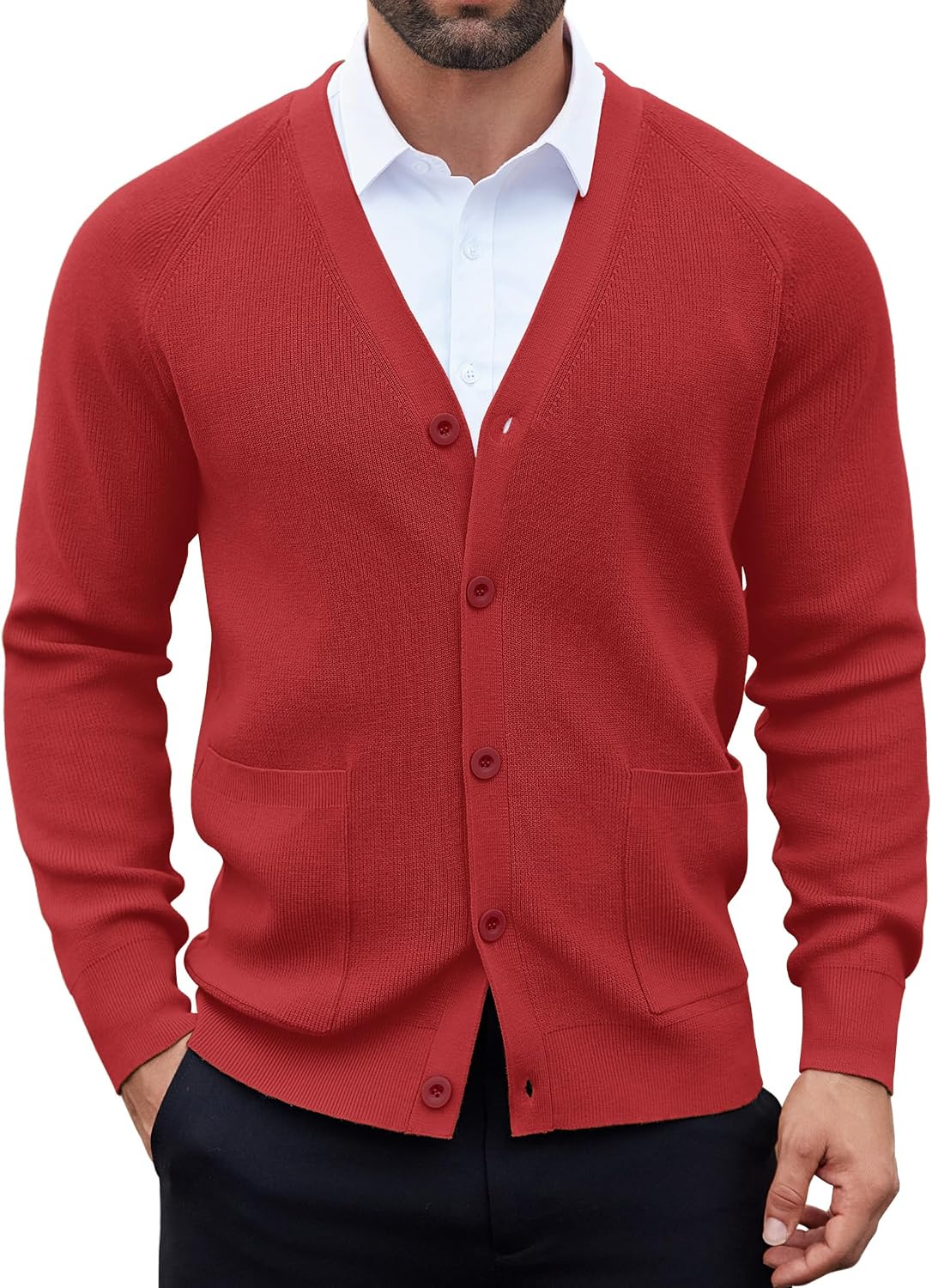 Men's Lightweight V Neck Button Cardigan - Long Sleeve Knit with Front Pockets for Weekends and Office Days - Black