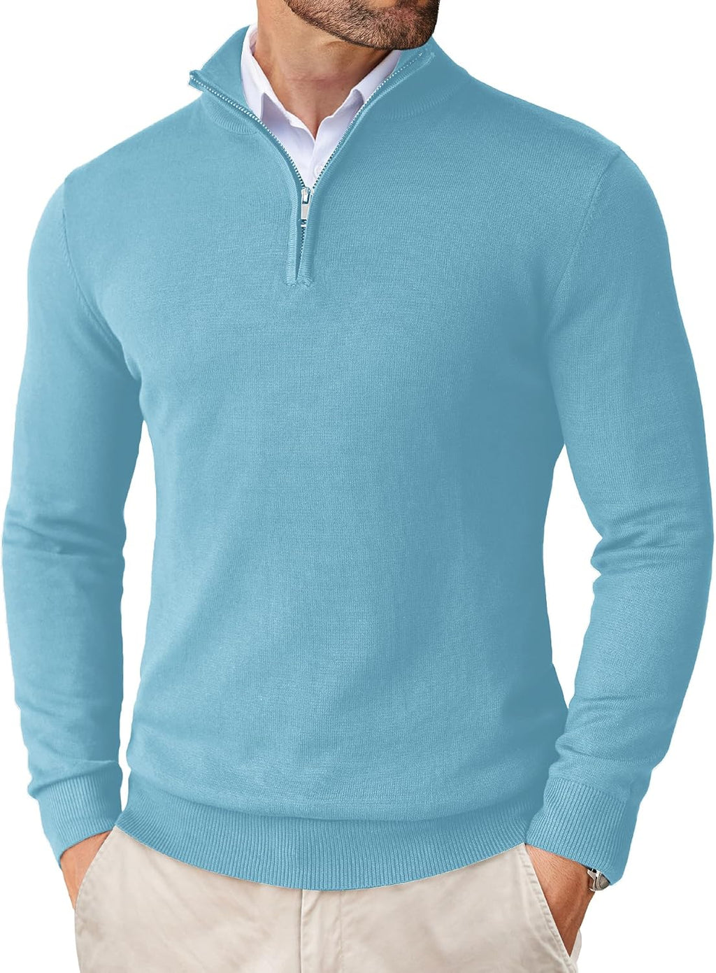 Men's Lightweight Knit Quarter Zip Pullover - Slim Fit Mock Neck with Metal Zipper Pull for Fall Office Days - Small (14