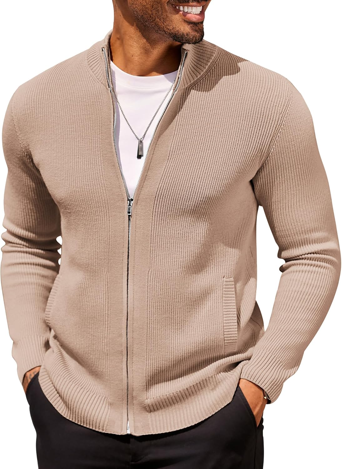 Men's Striped Knit Full Zip Cardigan in Dark Khaki