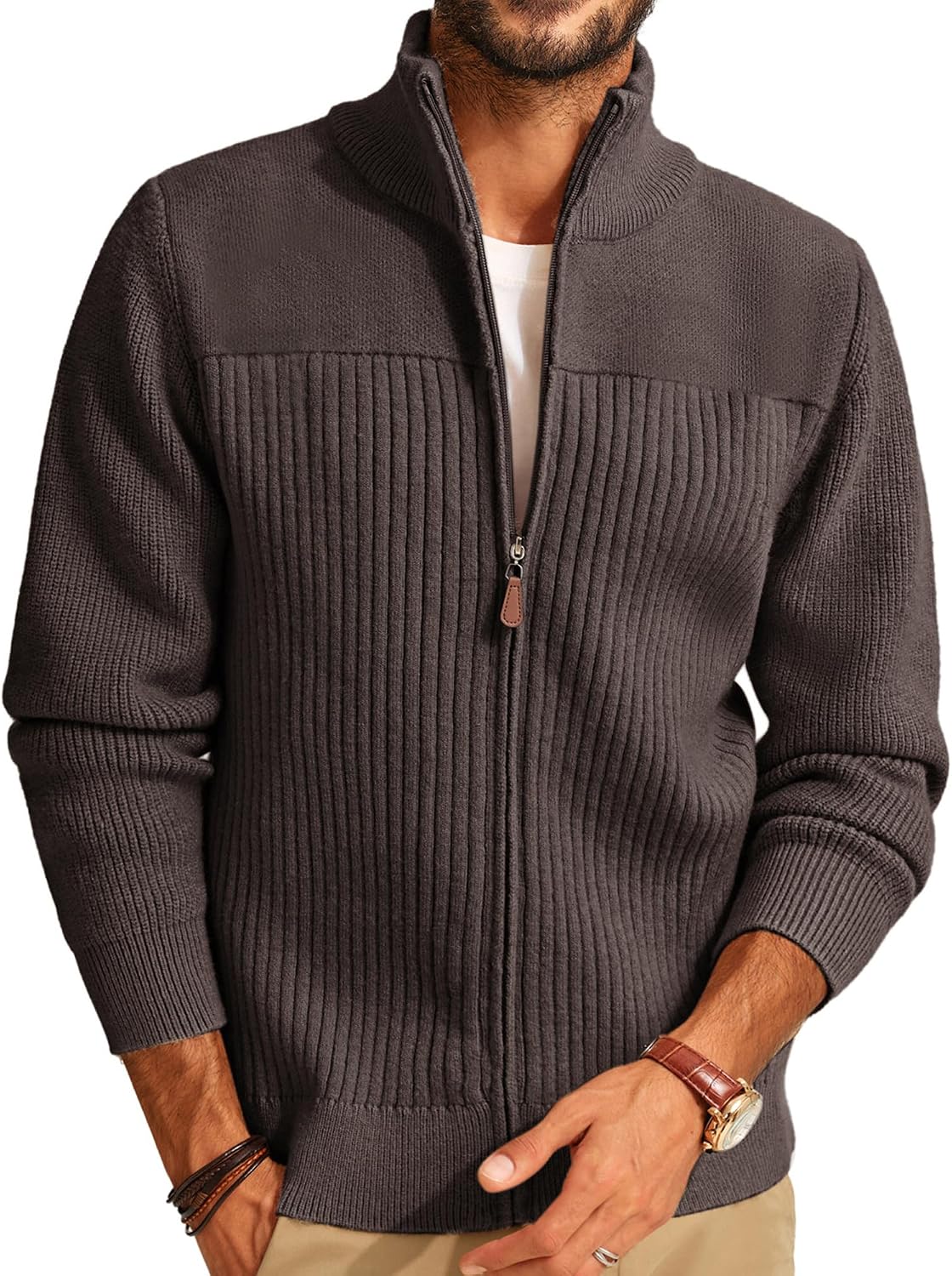 Men's Heavyweight Ribbed Knit Full Zip Cardigan - Stand Collar Regular Fit for Cold Mornings and Camp Trips - Small