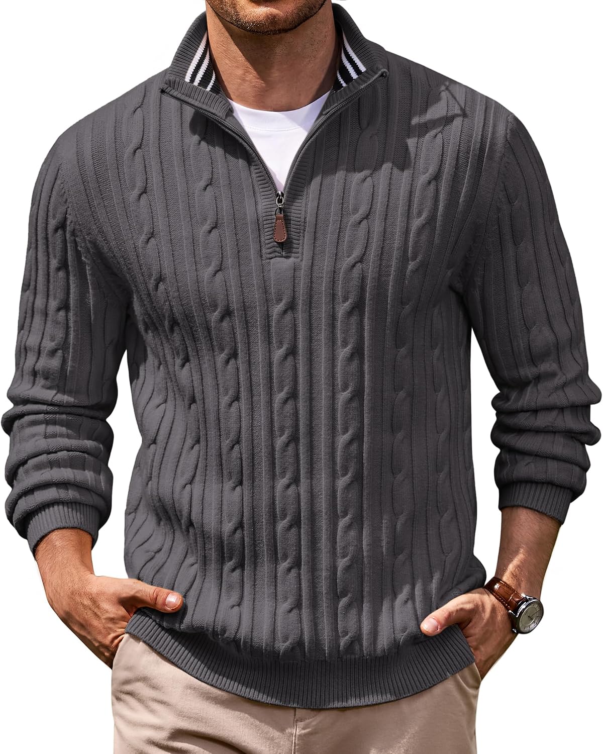 Men's Cable Knit Quarter Zip Sweater - Mock Neck Collar with Textured Cable Panels for Business Layering - Small (7)