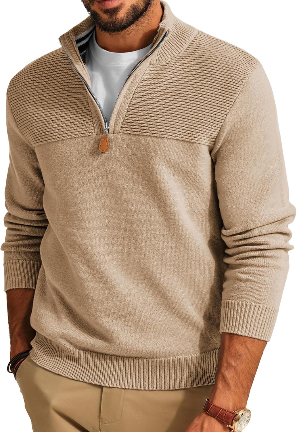 Men's Knit Textured Quarter Zip Pullover - Mock Neck Slim Fit Sweater with Soft Warm Feel for Casual Workdays - Small