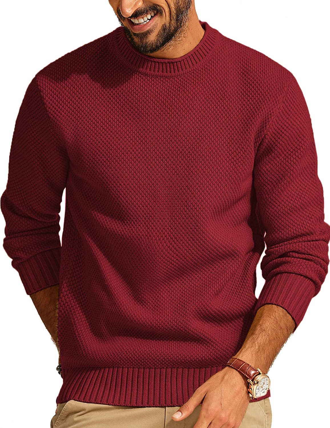 Men's Textured Waffle Knit Crewneck Sweater in Burgundy