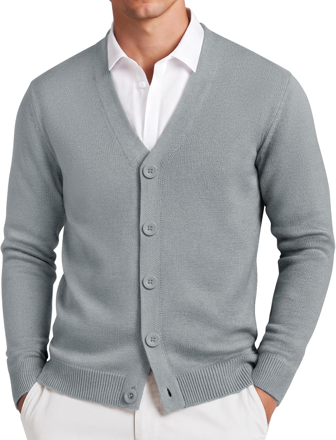 Men's Lightweight V Neck Knit Cardigan in Light Grey