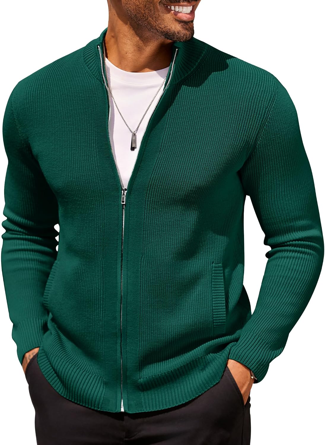 Men's Striped Knit Full Zip Cardigan in Green