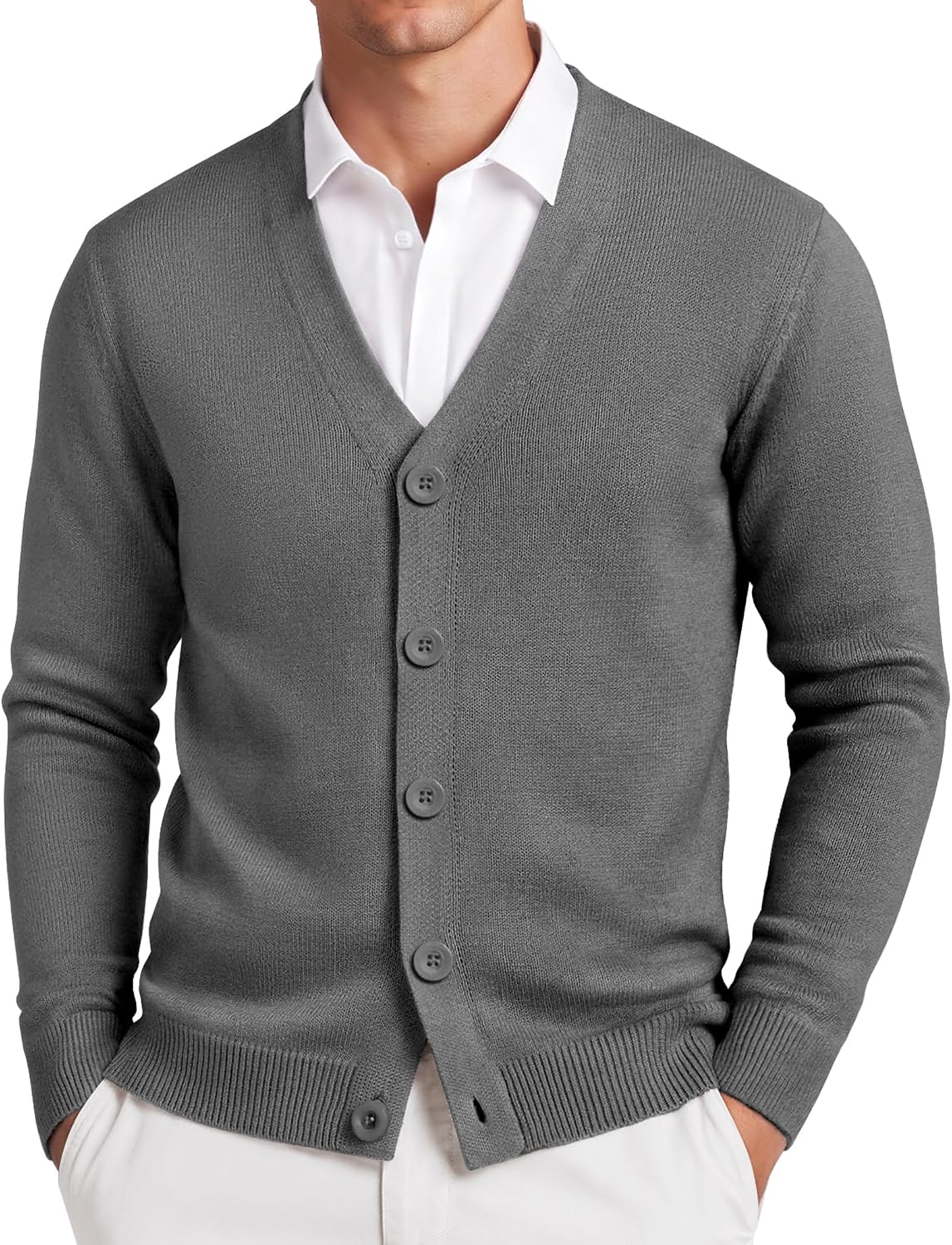 Men's Lightweight V Neck Knit Cardigan in Dark Grey
