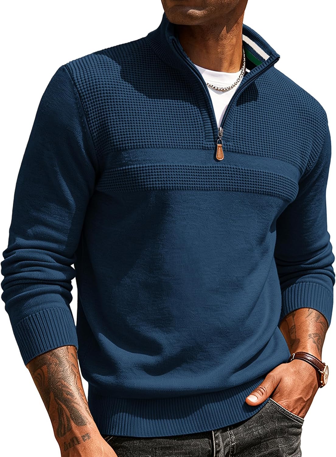 Men's Textured Quarter Zip Polo Sweater in Grey Blue