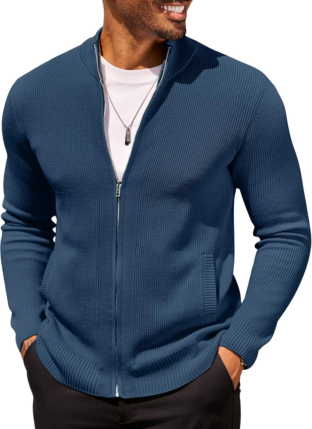Men's Striped Knit Full Zip Cardigan in Deep Blue