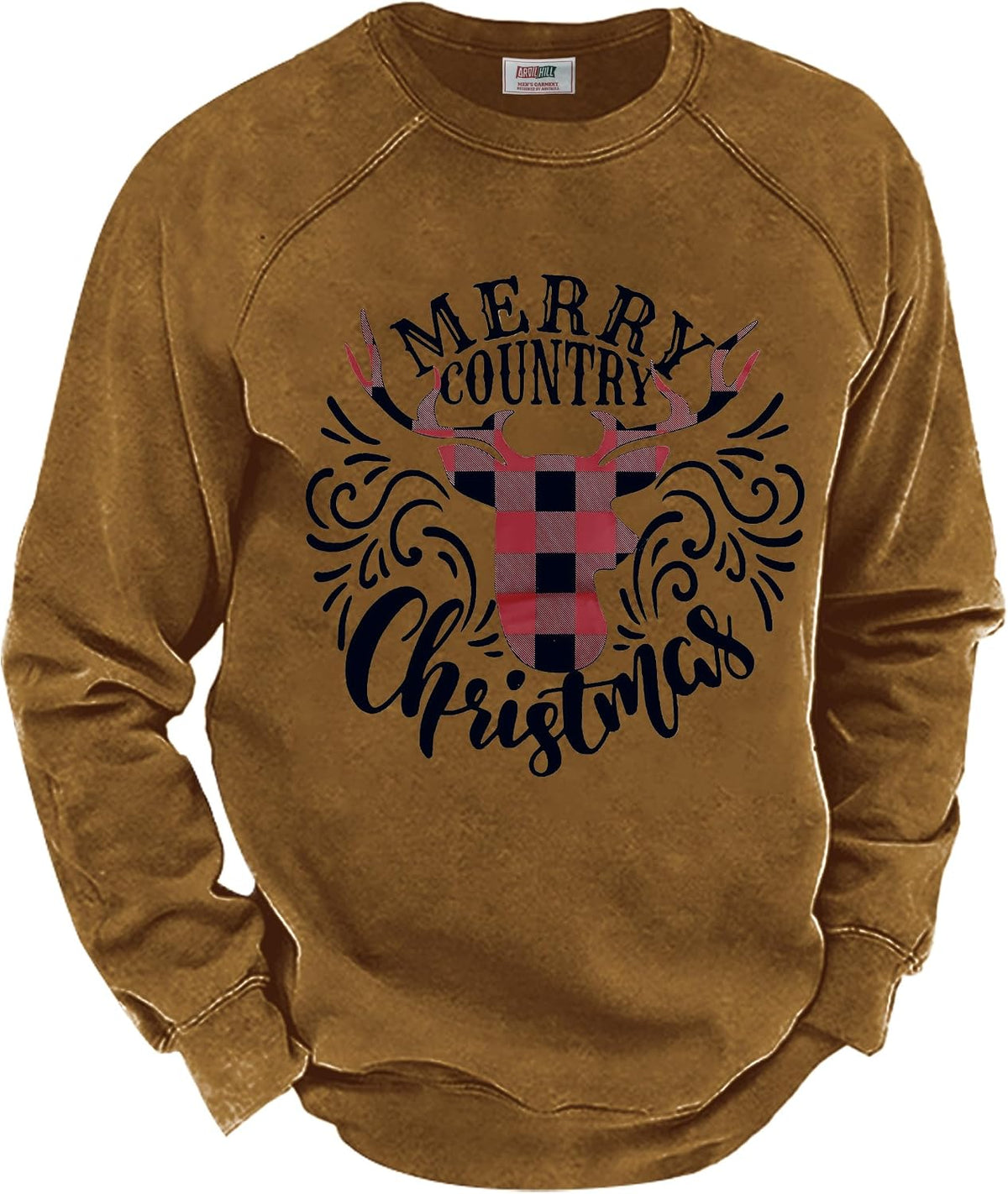Men's Fleece Lined Christmas Sweatshirt - Raglan Sleeve Vintage Graphic Pullover in Sizes S to 3XL - Brownish - Christma