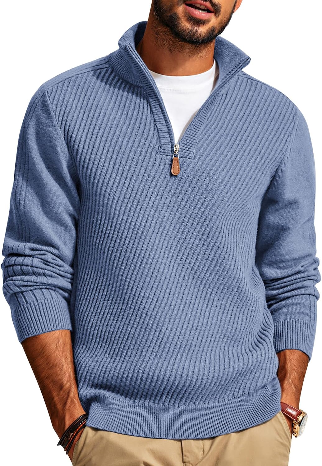 Men's Textured Knit Half Zip Pullover in Light Blue