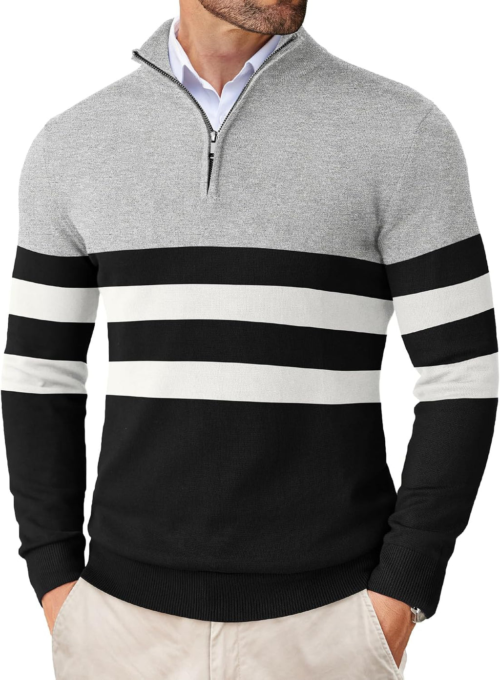 Men's Lightweight Knit Quarter Zip Pullover - Slim Fit Mock Neck with Metal Zipper Pull for Fall Office Days - Large