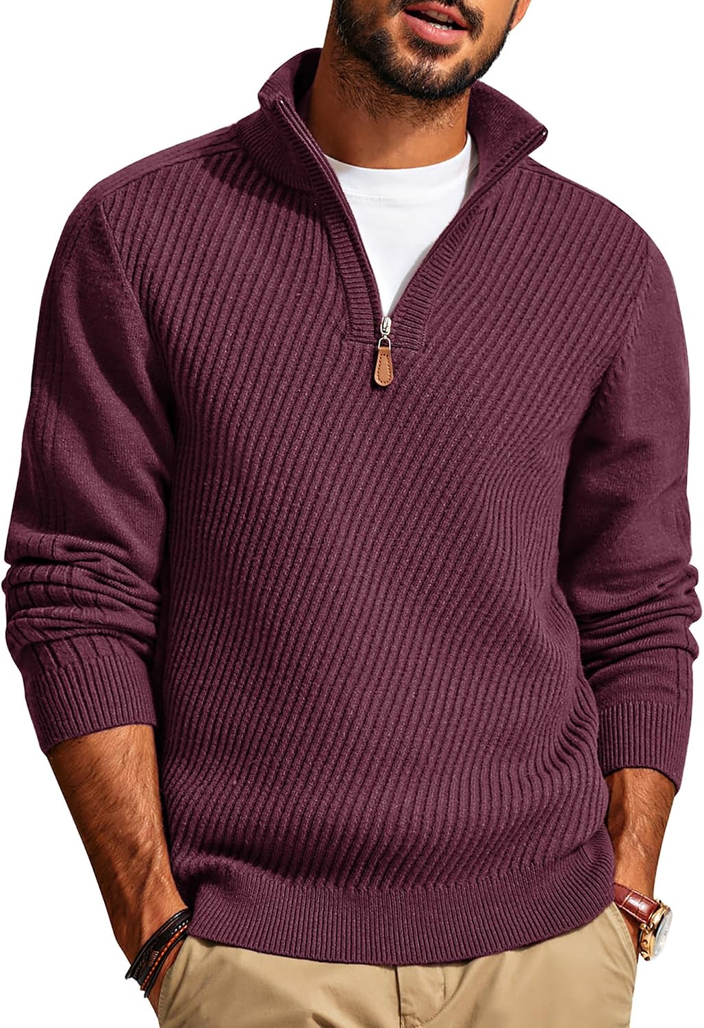 Men's Textured Knit Half Zip Pullover - Mock Neck Slim Fit Lightweight Sweater for Office, Church and Travel - Large