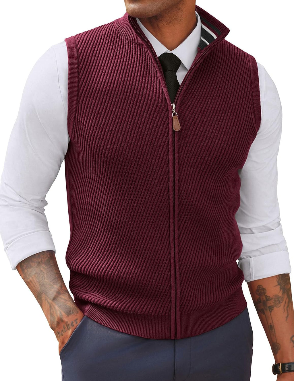 Men's Full Zip Sweater Vest - Mock Neck Twill Knit Sleeveless Layer in a Regular Fit for Fall and Winter - Small