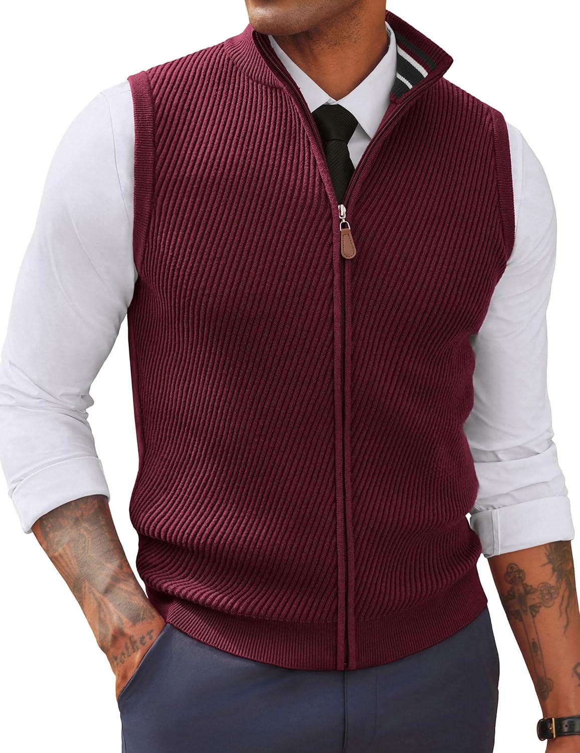 Men's Full Zip Sweater Vest - Mock Neck Twill Knit Sleeveless Layer in a Regular Fit for Fall and Winter - Small