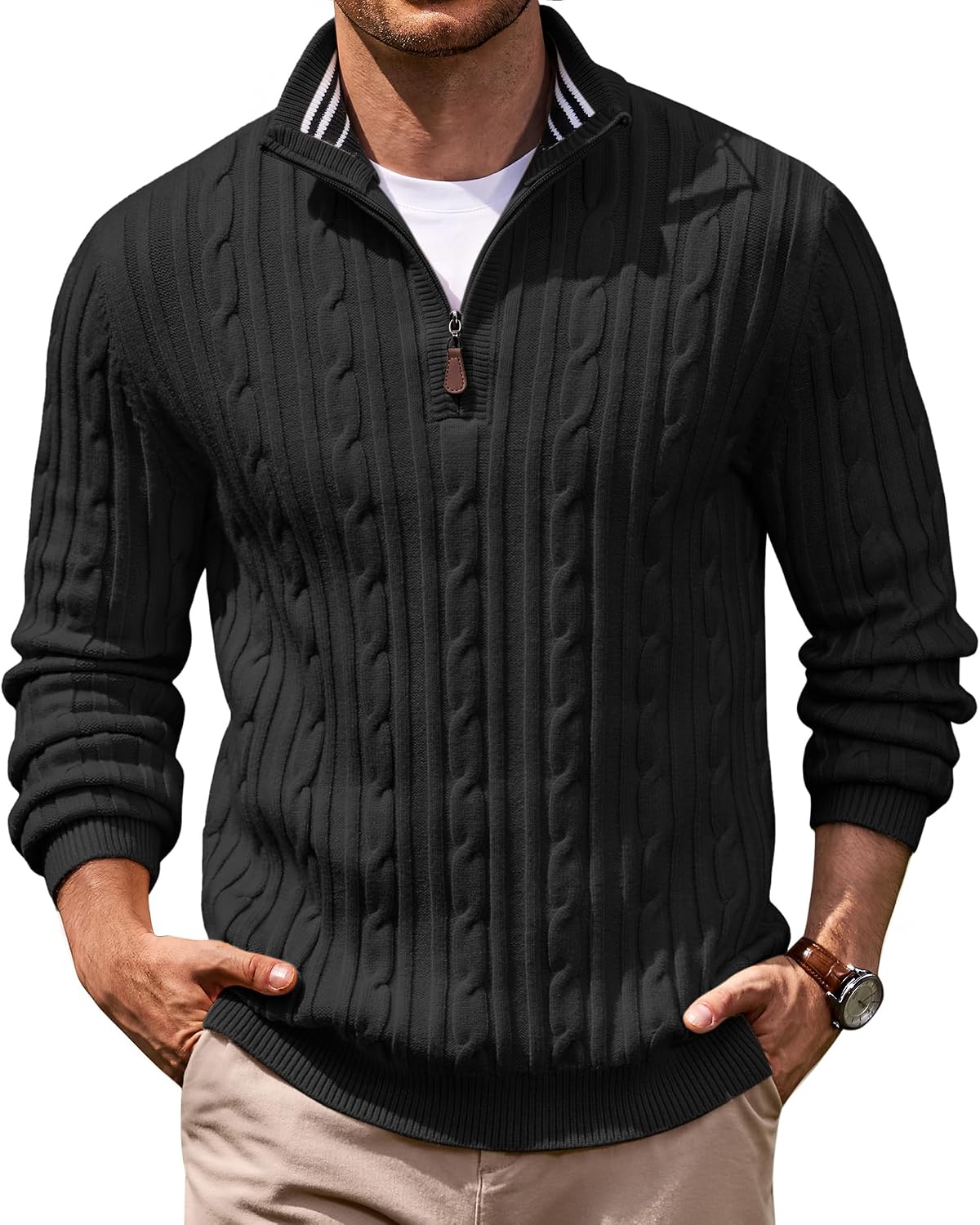 Men's Cable Knit Quarter Zip Sweater - Mock Neck Collar with Textured Cable Panels for Business Layering - Small (10)