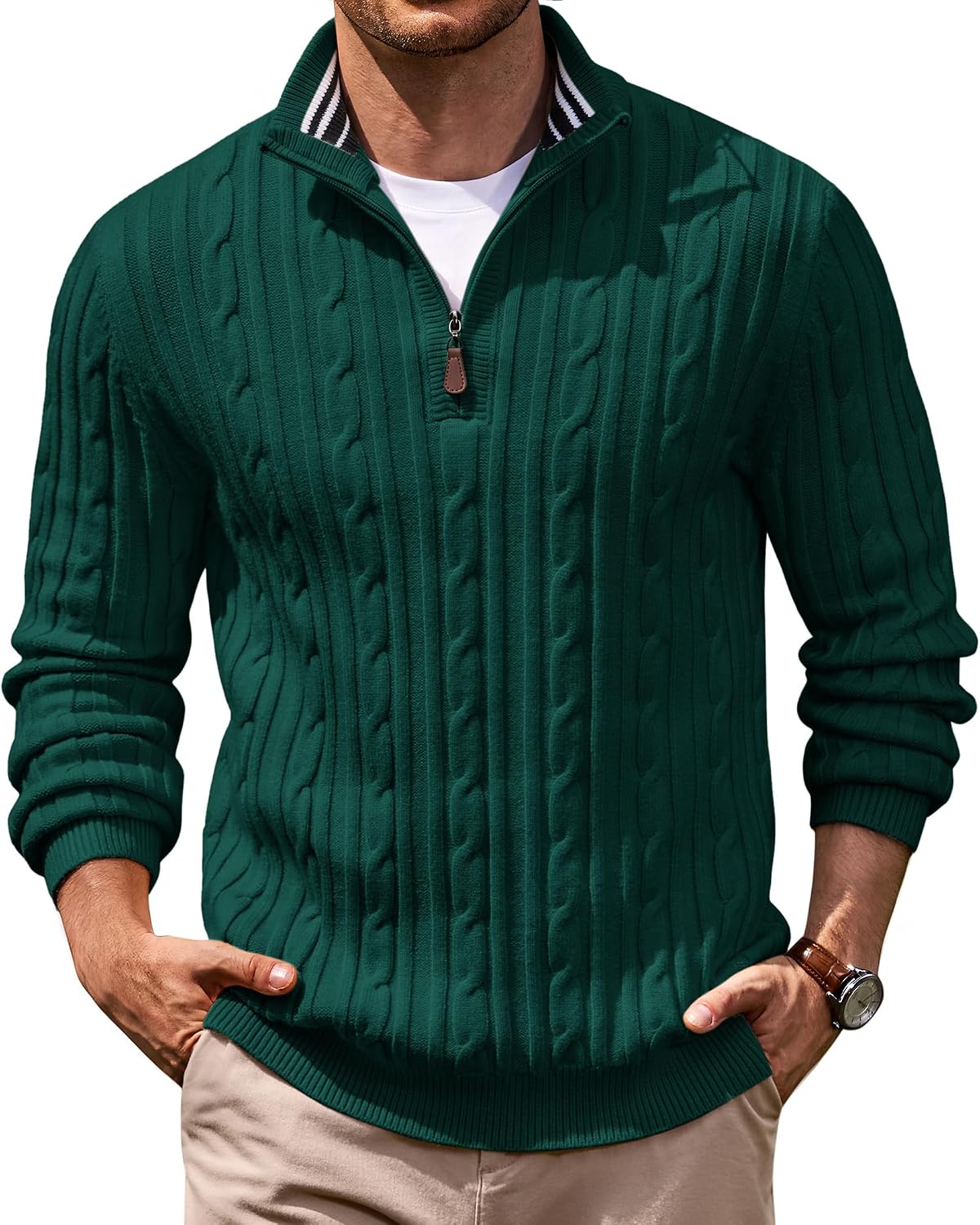 Men's Cable Knit Quarter Zip Sweater - Mock Neck Collar with Textured Cable Panels for Business Layering - Small