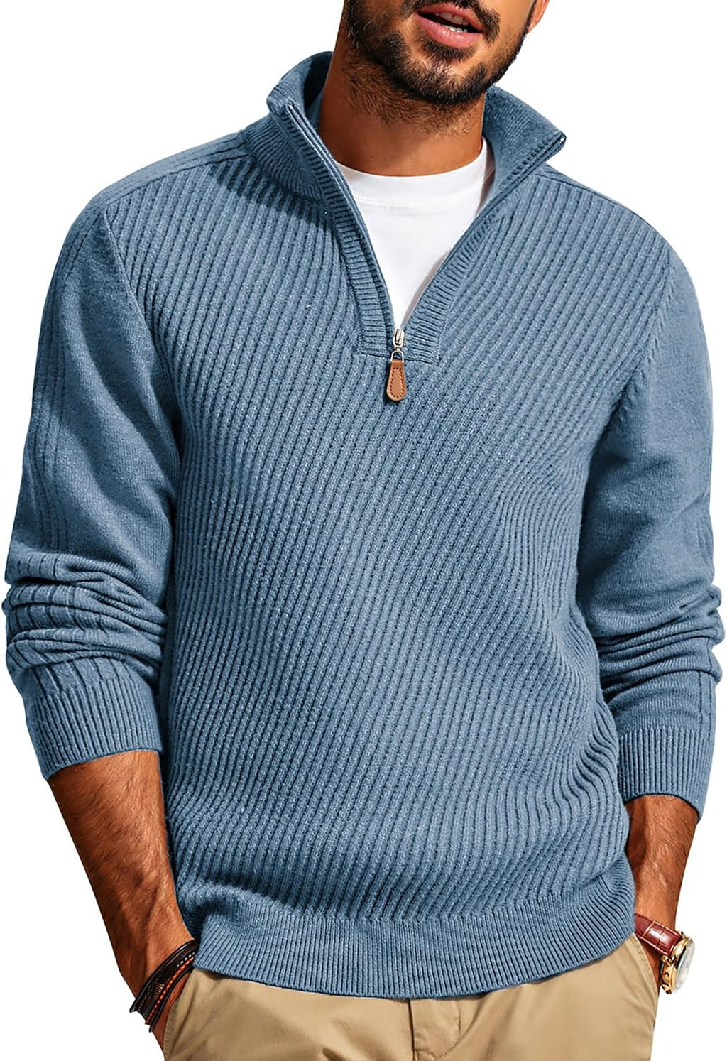 Men's Textured Knit Half Zip Pullover - Mock Neck Slim Fit Lightweight Sweater for Office, Church and Travel - Medium