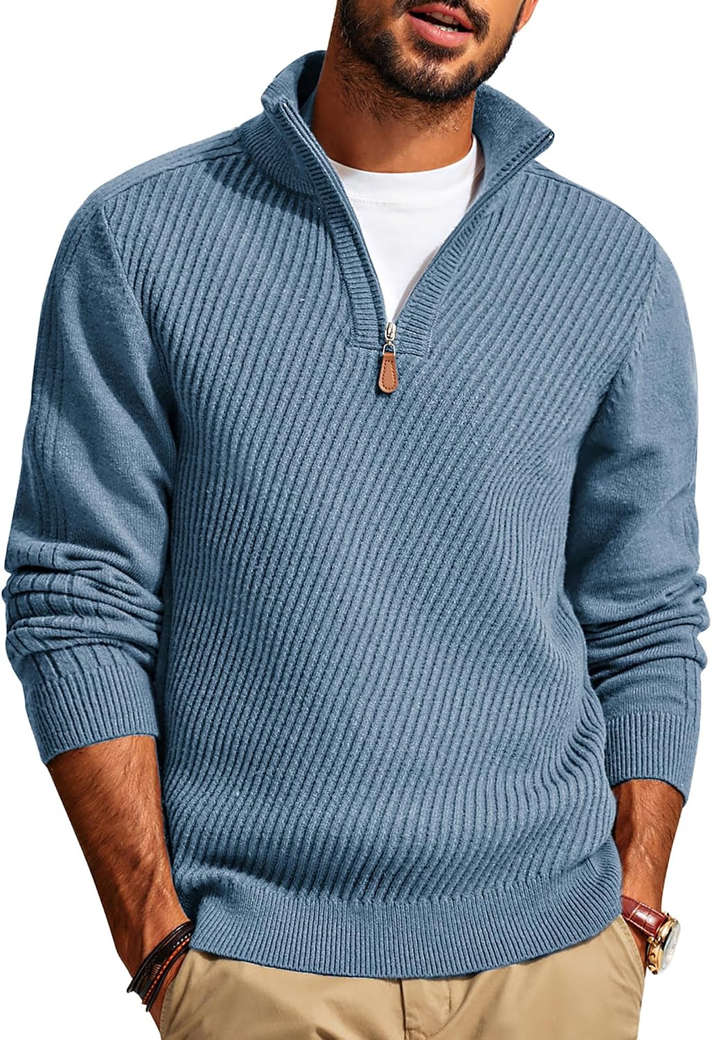 Men's Textured Knit Half Zip Pullover - Mock Neck Slim Fit Lightweight Sweater for Office, Church and Travel - Medium