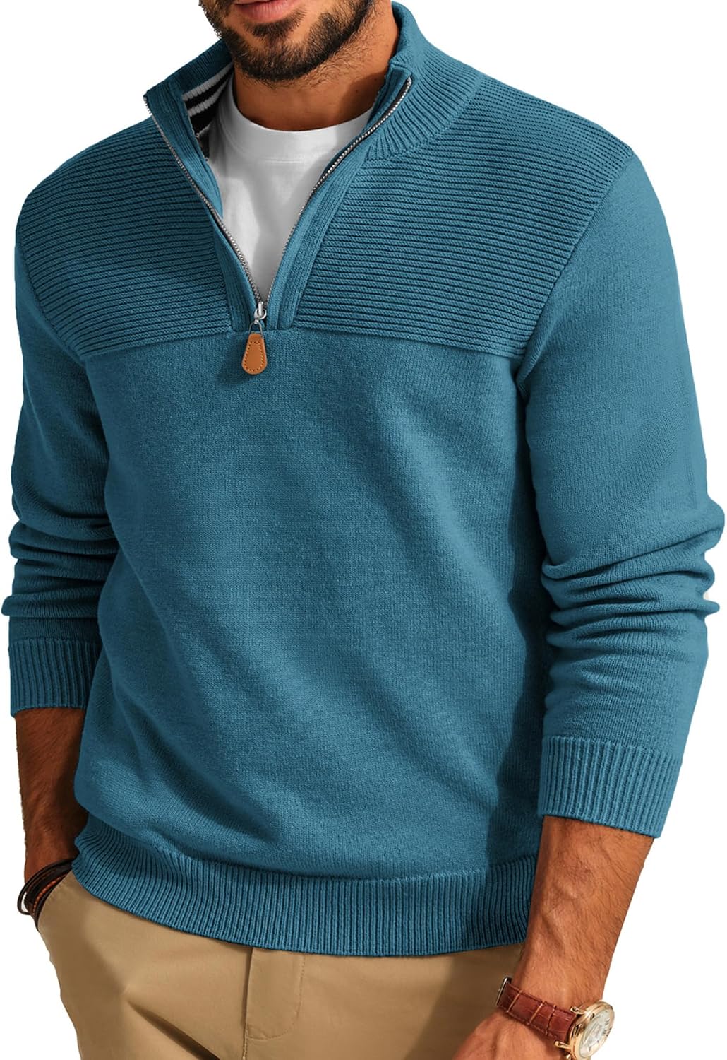 Men's Knit Textured Quarter Zip Pullover - Mock Neck Slim Fit Sweater with Soft Warm Feel for Casual Workdays - Small