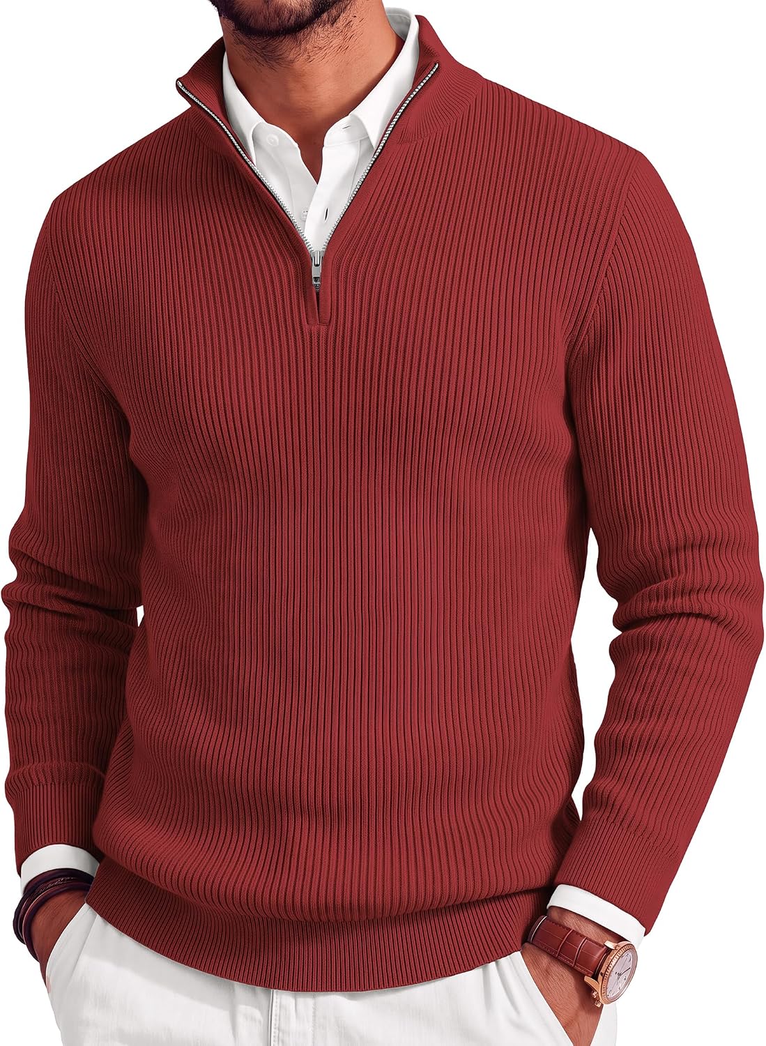 Men's Lightweight Ribbed Knit Quarter Zip Pullover - Slim Fit Mock Neck in Solid Color for Golf and Travel - Small