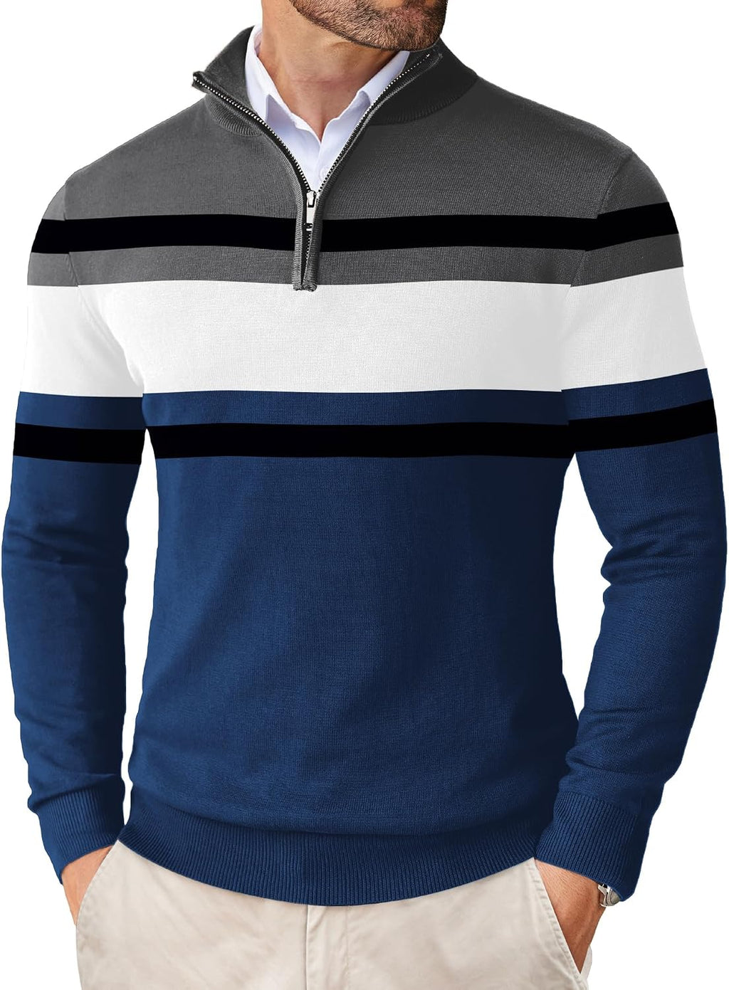 Men's Lightweight Knit Quarter Zip Pullover - Slim Fit Mock Neck with Metal Zipper Pull for Fall Office Days - Large