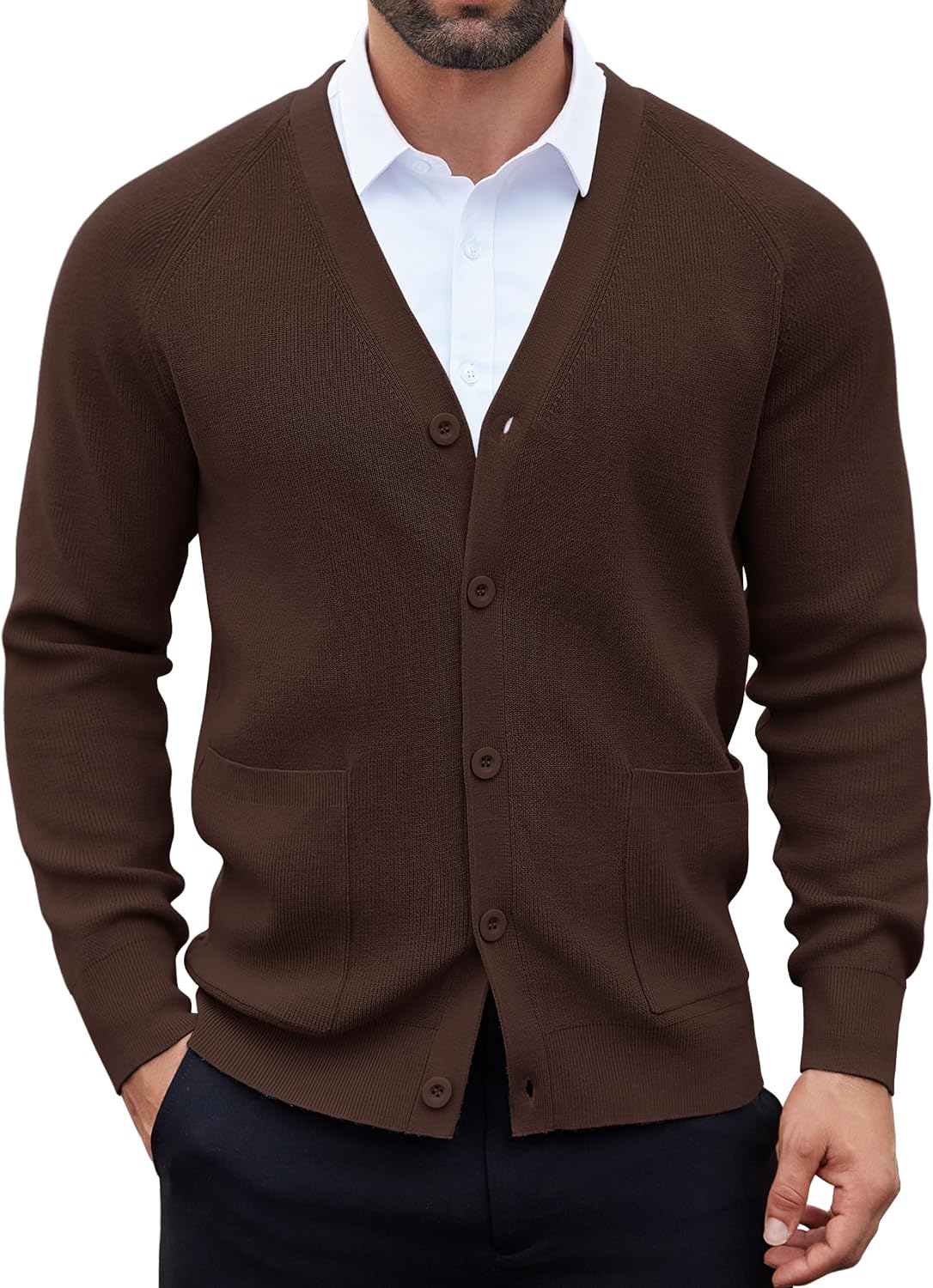 Men's Lightweight V Neck Button Cardigan - Long Sleeve Knit with Front Pockets for Weekends and Office Days - Army Green