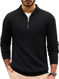 Men's Soft Cotton Quarter Zip Sweater - Mock Neck Knit Pullover in Solid Color for Work and Daily Wear - Black