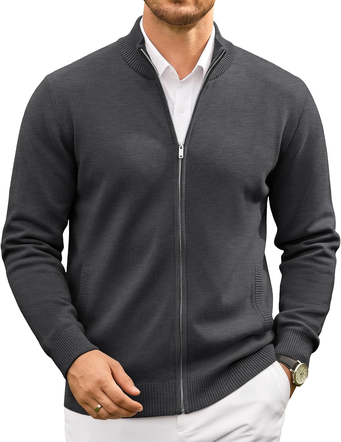 Men's Fair Isle Full Zip Cardigan - Mock Neck Knitwear with Two Slant Pockets and Relaxed Fit for Winter - Medium