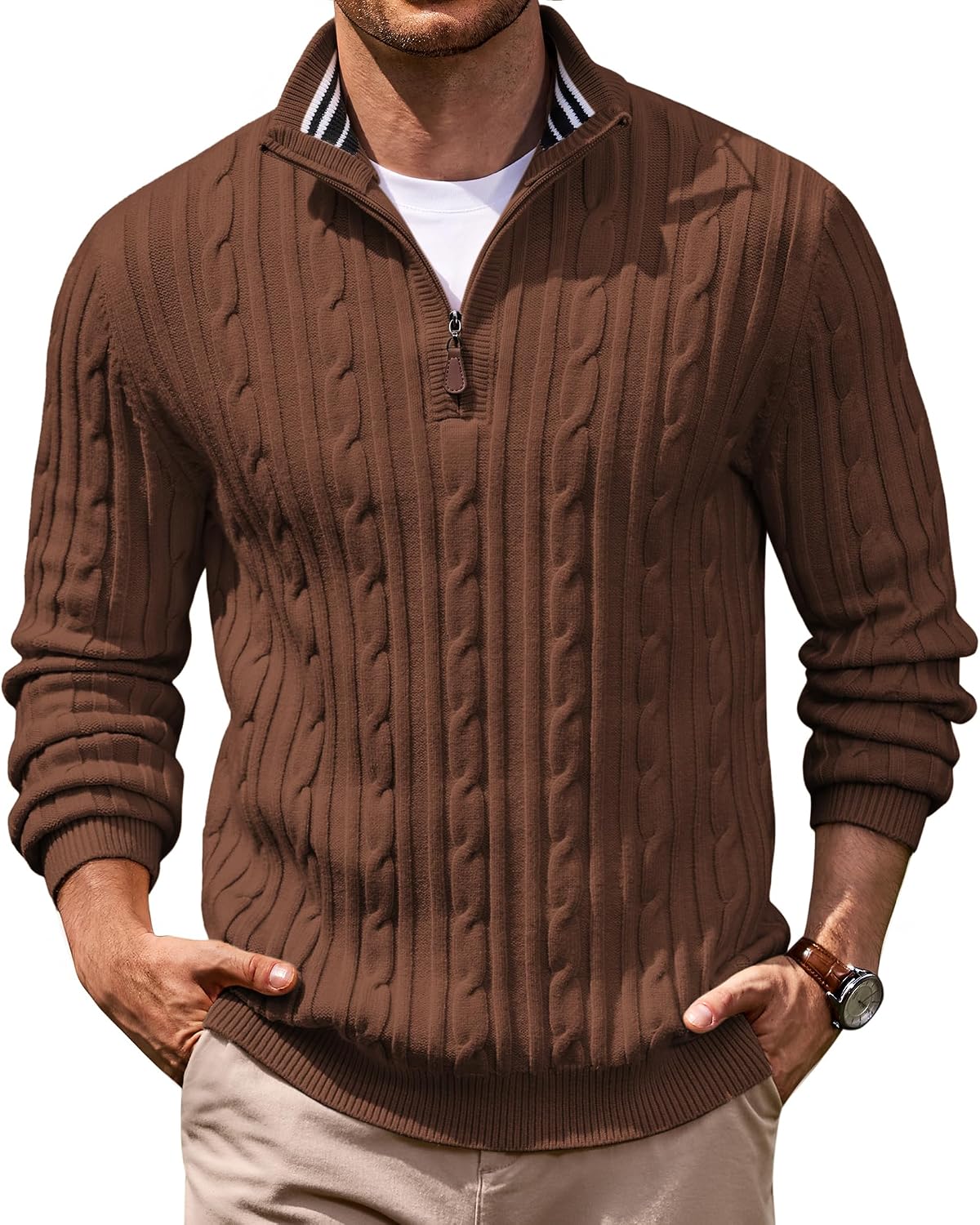 Men's Cable Knit Quarter Zip Sweater - Mock Neck Collar with Textured Cable Panels for Business Layering - Small