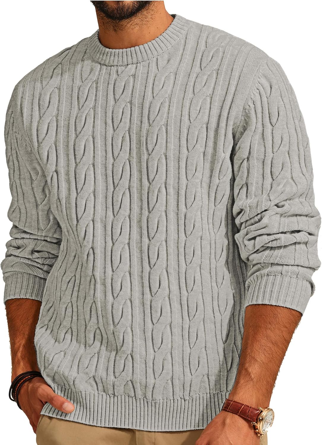 Men's Cable Knit Crewneck Sweater - Twist Textured Regular Fit Pullover in Solid Color for Business Casual Days - Small