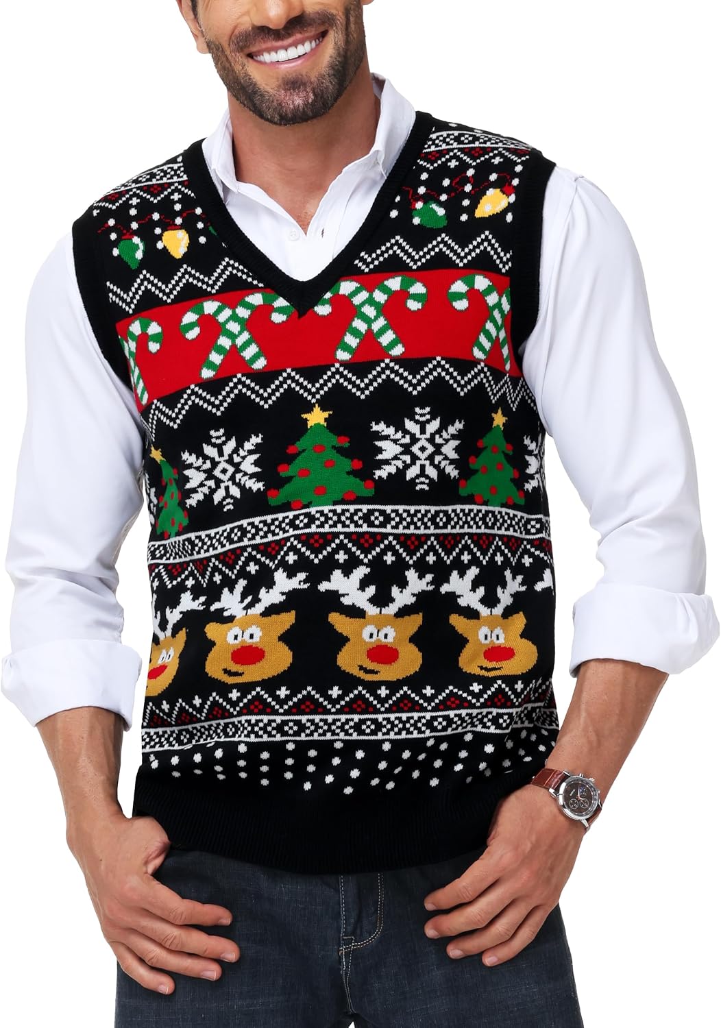 Men's Christmas Sweater Vest - V Neck Sleeveless Holiday Knit for Ugly Sweater Parties and Winter Layering - Small