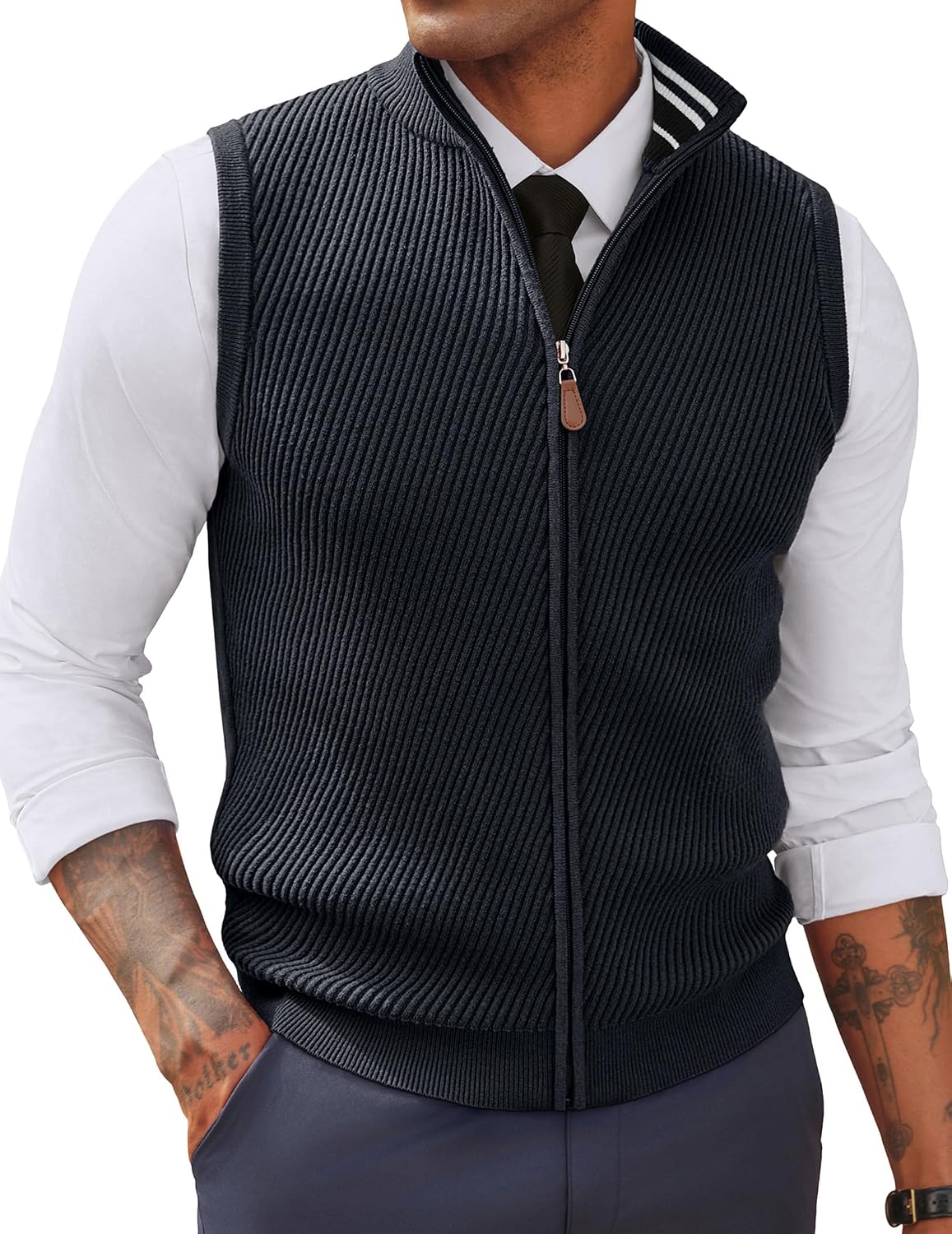 Men's Full Zip Sweater Vest - Mock Neck Twill Knit Sleeveless Layer in a Regular Fit for Fall and Winter - Small