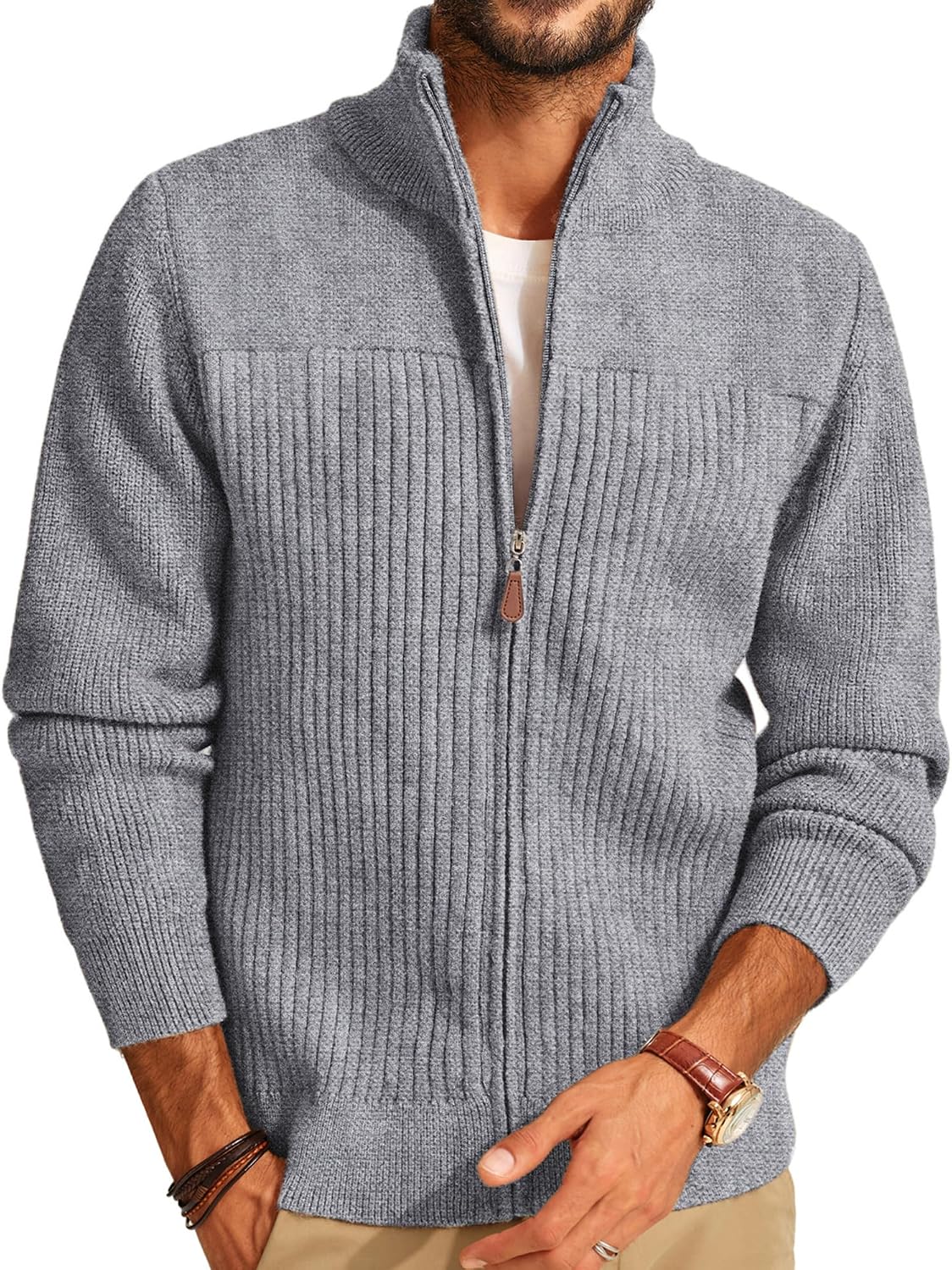 Men's Heavyweight Ribbed Knit Full Zip Cardigan - Stand Collar Regular Fit for Cold Mornings and Camp Trips - Medium