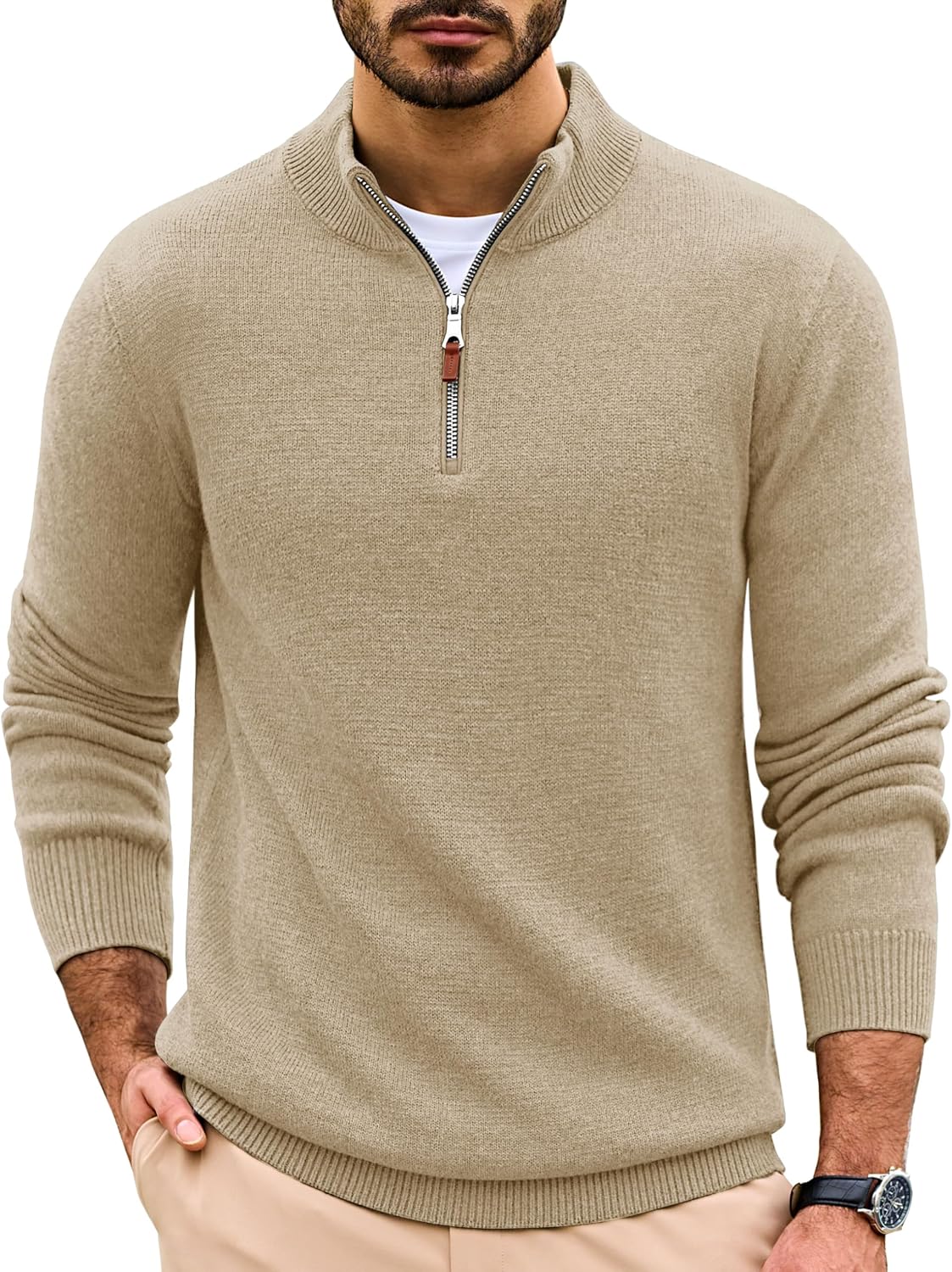 Men's Soft Cotton Quarter Zip Sweater in Khaki