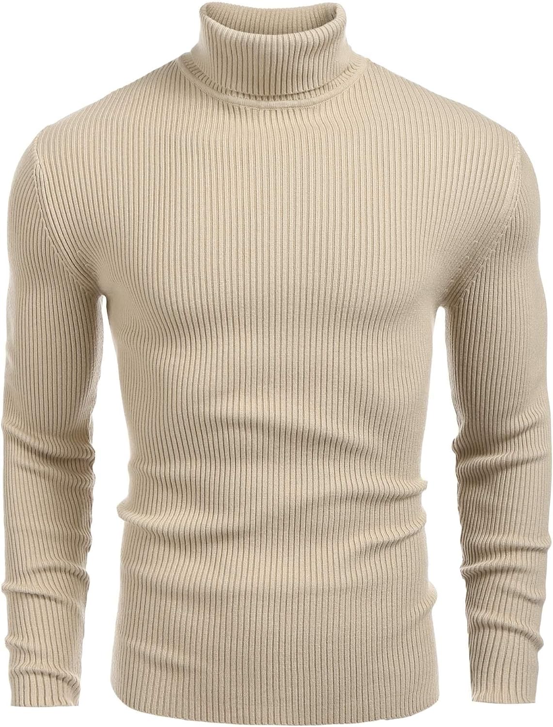 Men's Ribbed Knit Turtleneck Sweater in Khaki