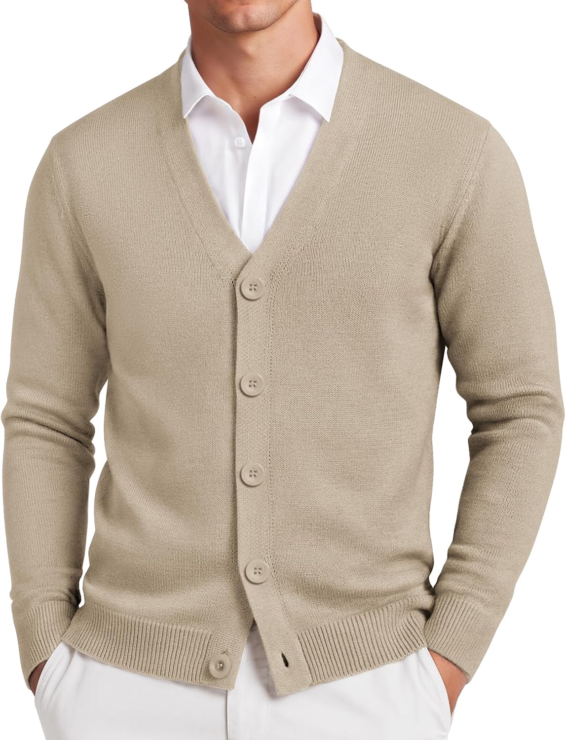 Men's Lightweight V Neck Knit Cardigan in Light Khaki
