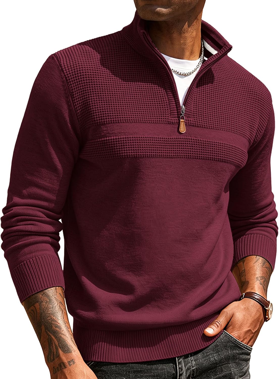 Men's Textured Quarter Zip Polo Sweater in Wine Red