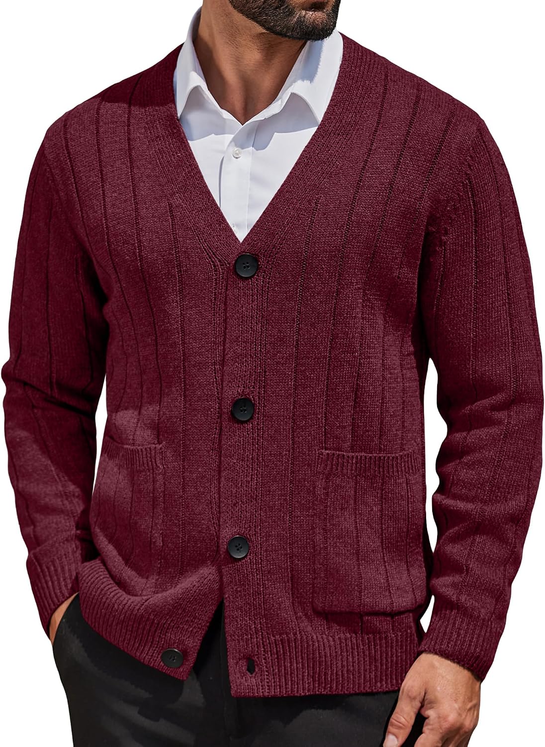 Men's Cable Knit V Neck Cardigan - Button Up Ribbed Sweater with Front Pockets for Everyday Winter Layering - Small