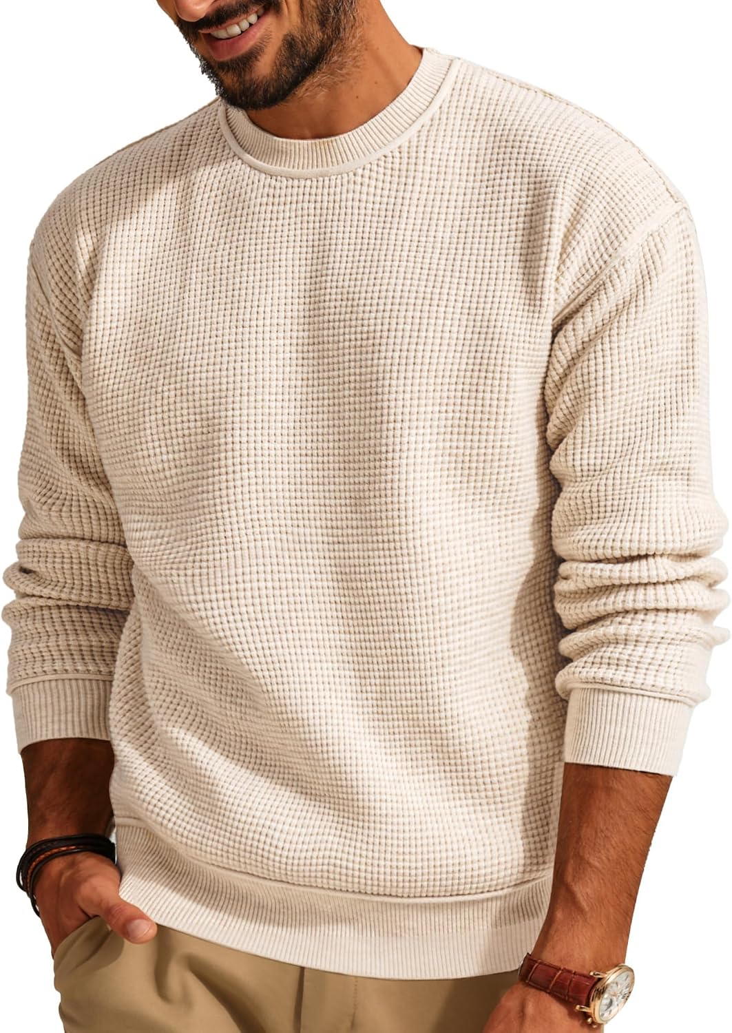 Men's Waffle Knit Crewneck Sweater - Lightweight Textured Pullover for Casual Daily Wear in Fall and Winter - Small