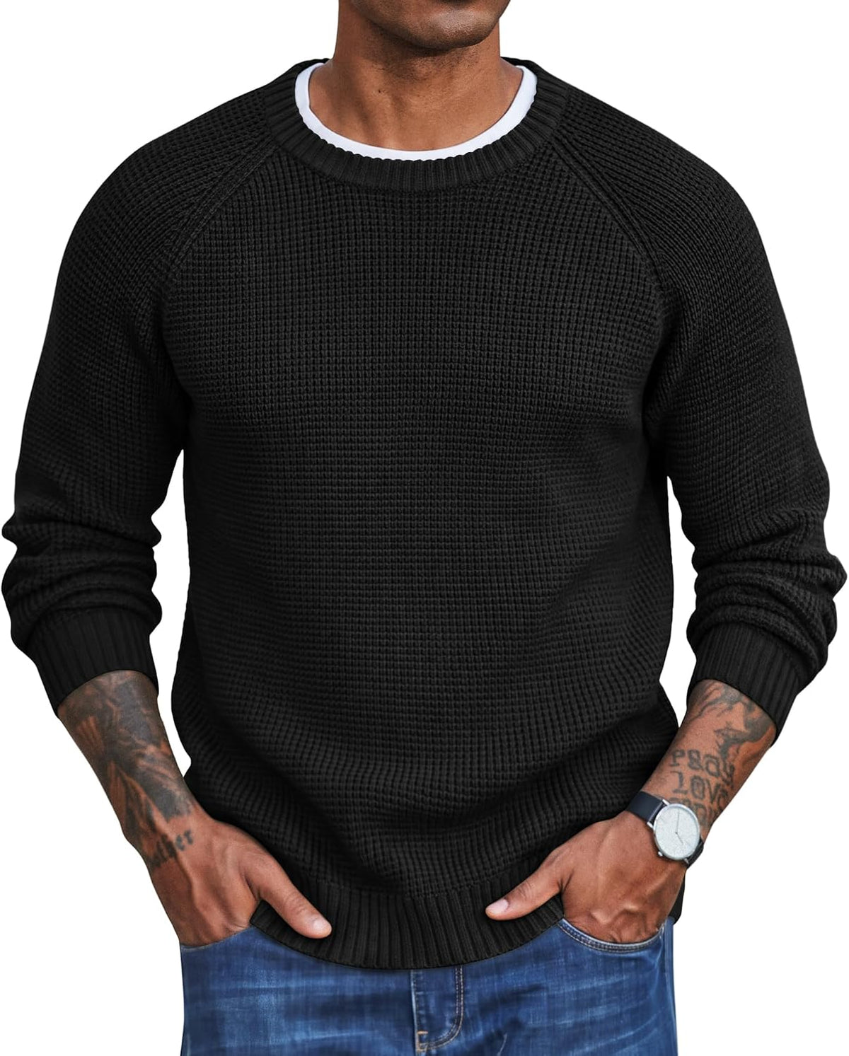 Men's Thick Waffle Knit Crewneck Sweater in Black